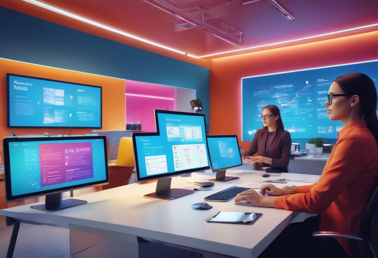 A vibrant, futuristic office space with a diverse group of professionals collaborating over digital devices, highlighted by animated email notifications and customer feedback pop-ups. Include elements like a glowing strategy board filled with colorful ideas, and an atmosphere of enthusiasm and teamwork. The scene should convey a sense of high engagement and innovation in customer communication. super-realistic. vibrant colors. bright background.