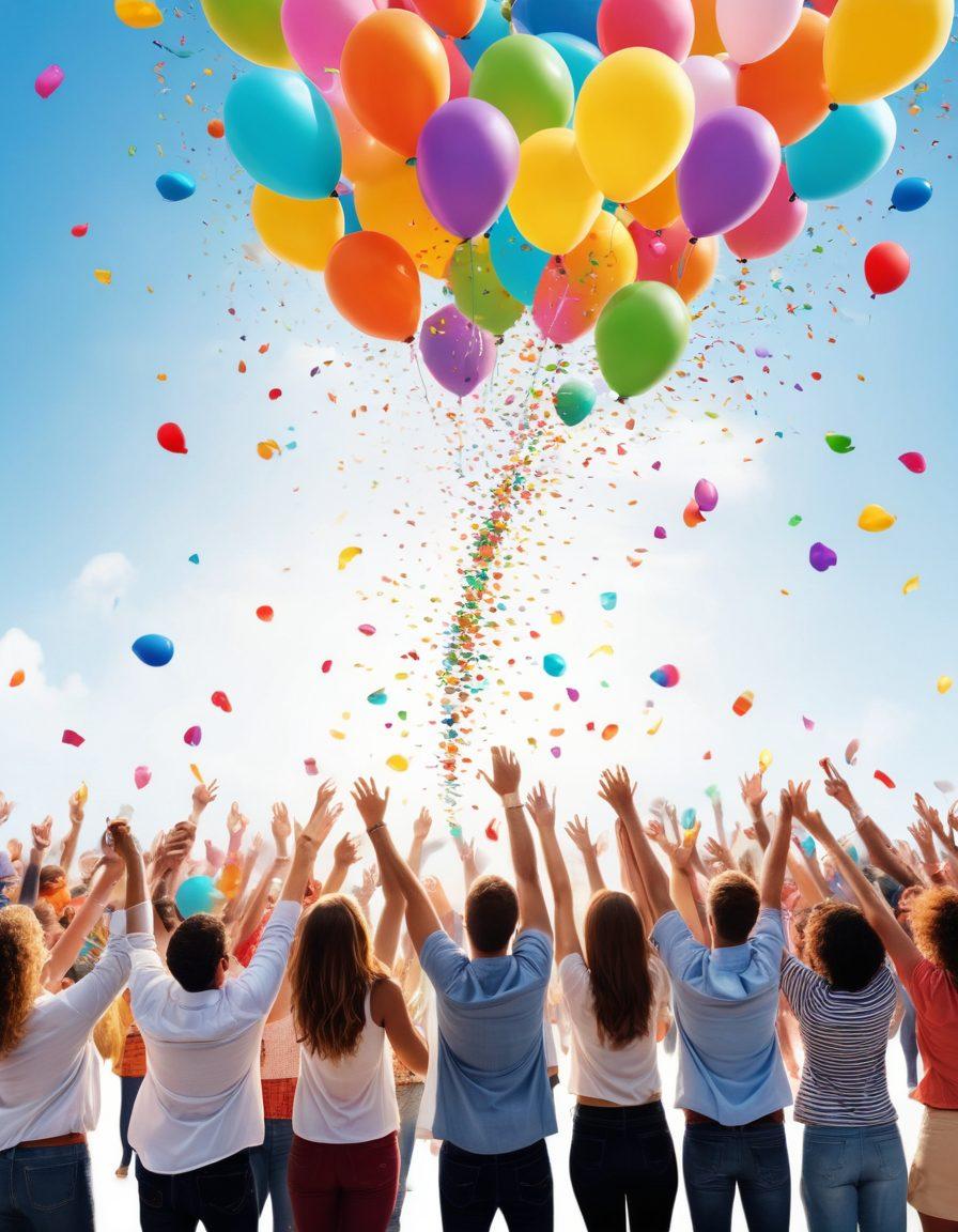 A vibrant and uplifting scene showing a diverse group of people joyfully engaging with colorful email notifications that float around them like balloons. Incorporate elements like cheerful confetti and bright lightbulbs representing ideas, with a backdrop of a sunny sky. The atmosphere should feel celebratory and inviting, emphasizing connection and engagement. super-realistic. vibrant colors. white background.