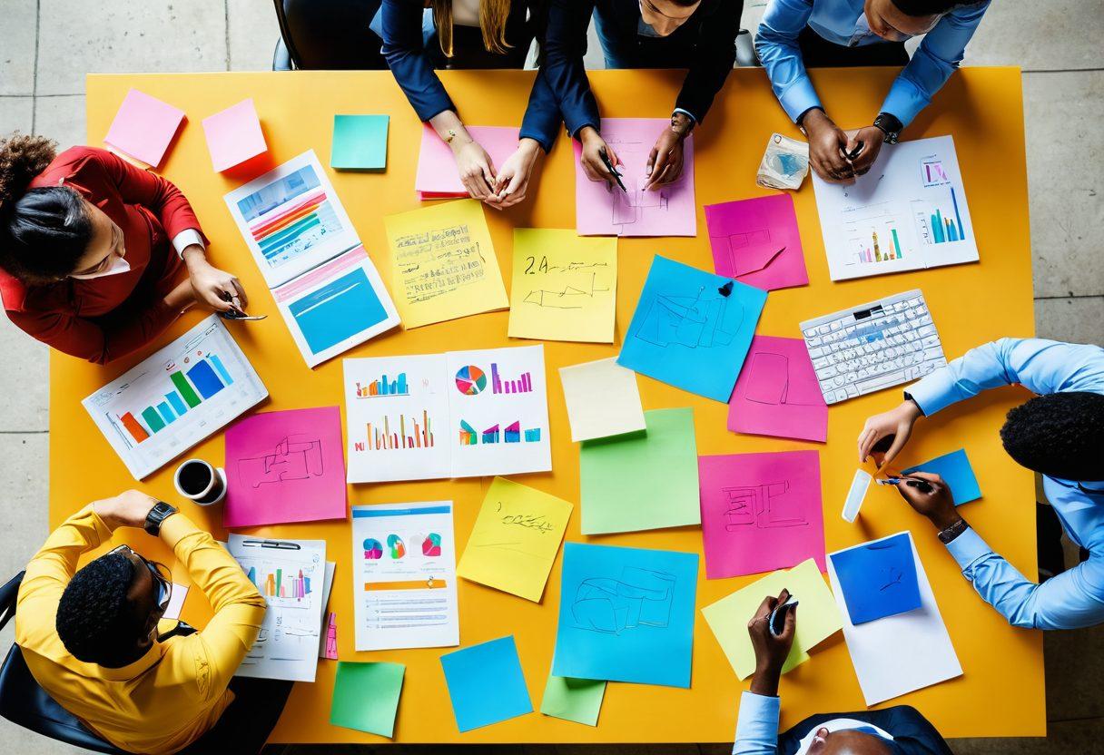 A vibrant scene of a diverse group of professionals collaborating around a large table, surrounded by digital devices displaying colorful graphs and emails. Bright post-it notes with creative outreach ideas are scattered across the table. The atmosphere should feel joyful and innovative, reflecting teamwork and effective communication. super-realistic. vibrant colors. soft focus.